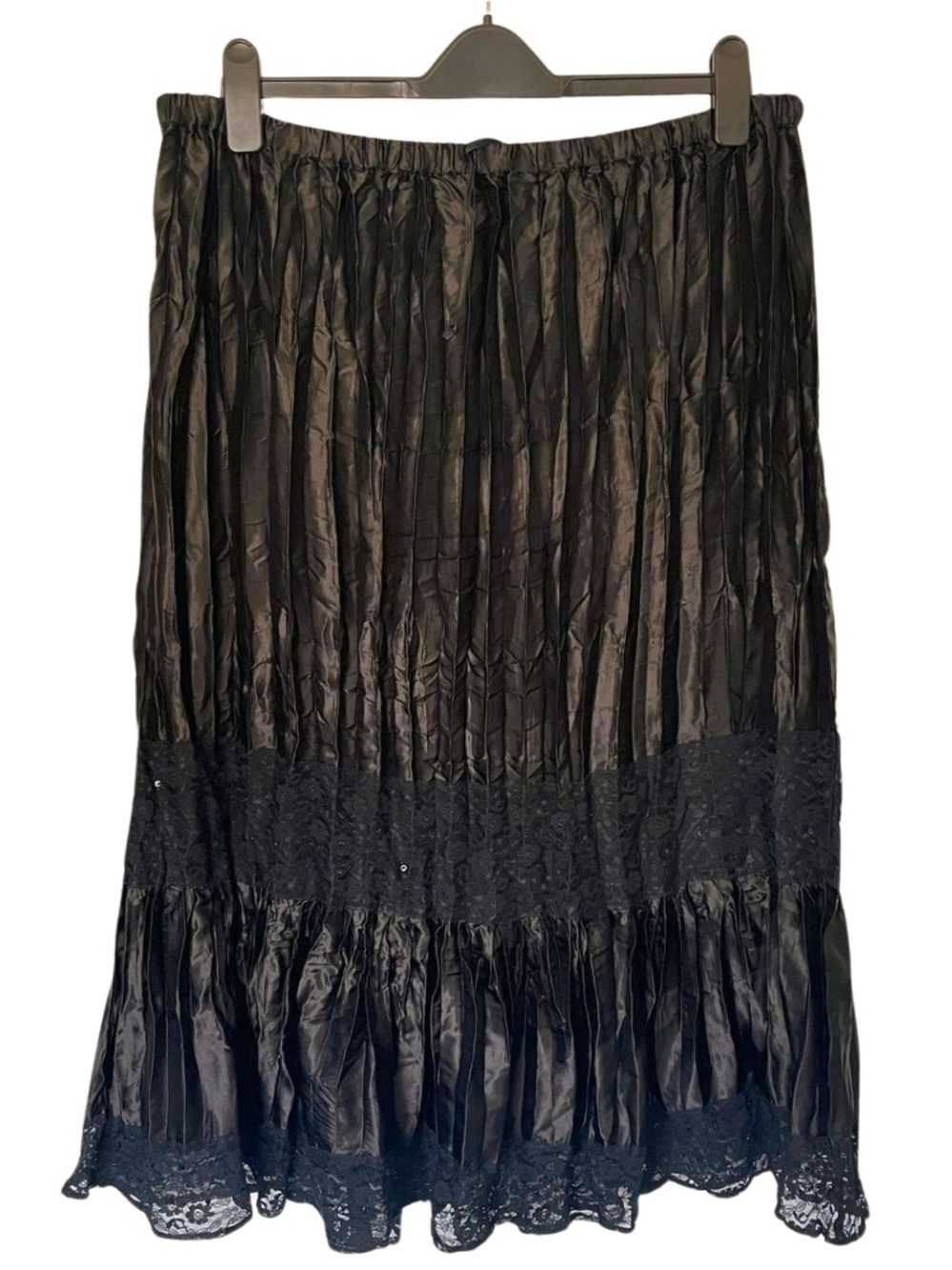 Vintage Y2K Black Crinkle Satin Lace Midi Skirt Goth Fairy Grunge  Boho Large XL